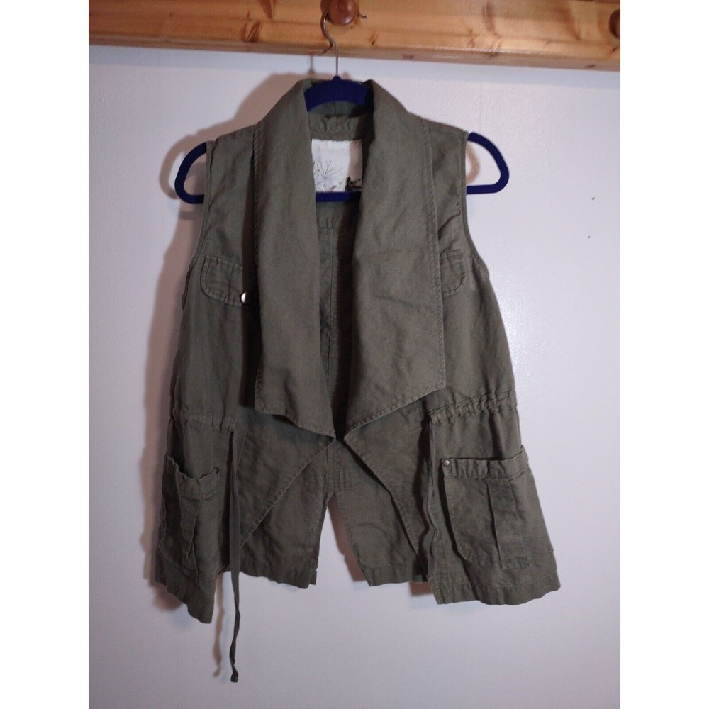 En Creme Women's S Green Linen Blend Boho Vest Open Front Pockets